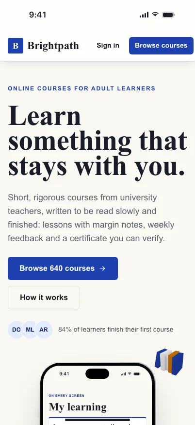 Education Clear landing page on mobile
