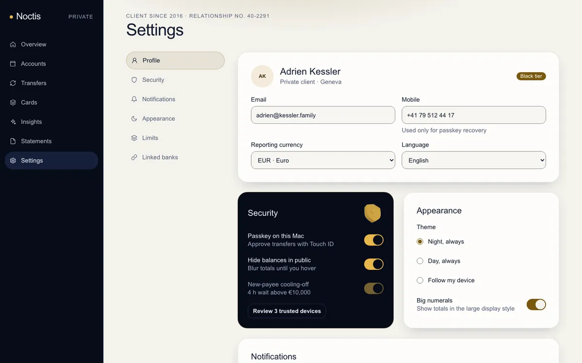 Fintech Night: Settings on desktop